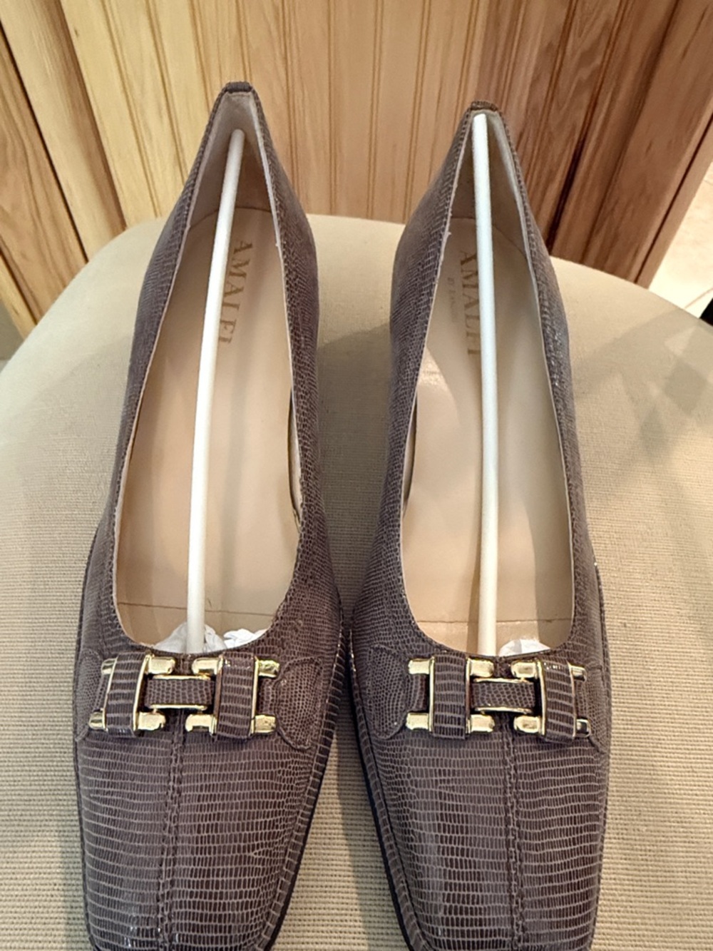Amalfi Taupe-Brown Textured Leather Loafers with Gold Buckle